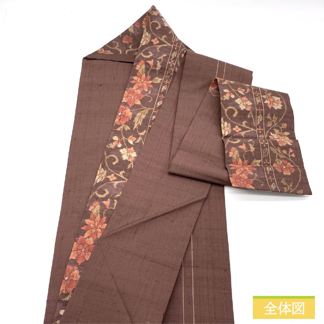 名古屋帯 正絹 Sランク 紅檜皮色（べにひわだいろ） 更紗文様 紬地 帯丈362cm 六通 カジュアル 茶系 1124009342314 名古屋仕立て