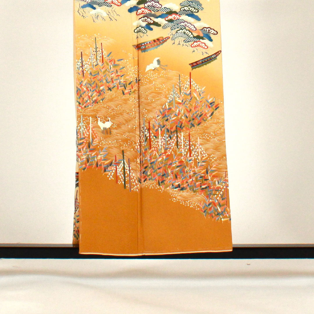 訪問着 袷 身丈156.5cm 裄丈65cm 刺繡 鶴 松 正絹 Sランク クリーム系 1112000932315