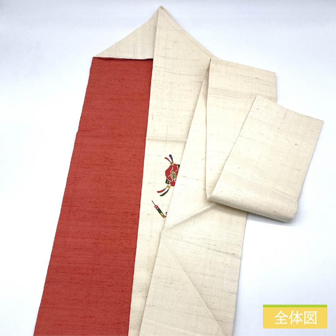 名古屋帯 生成り色（きなりいろ） 京紅型 民芸調模様 花模様 帯丈358cm 正絹 Aランク ポイント柄 カジュアル クリーム系 1124006583315 名古屋仕立て