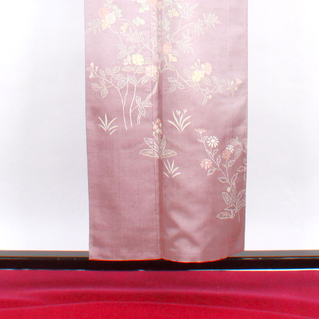 訪問着 袷 身丈153cm 裄丈60.5cm 草花模様 紬地 淡紅藤色 正絹 Aランク 紫系 1112001483220