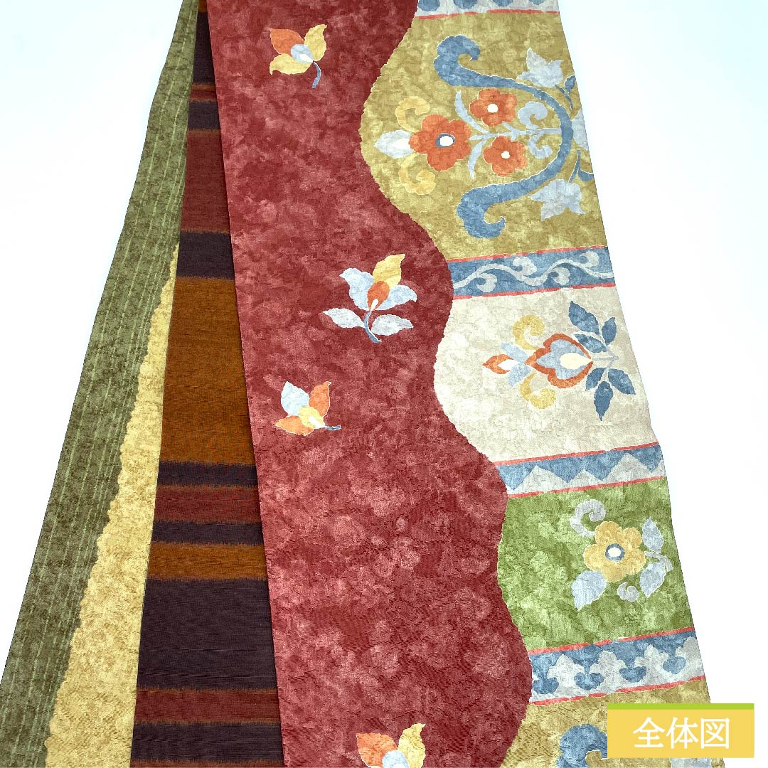 名古屋帯 京袋帯 牛血紅色 京袋帯 横段 唐花 よろけ縞 帯丈374cm 正絹 Sランク 六通 カジュアル 朱系 1124005912316  開き仕立て