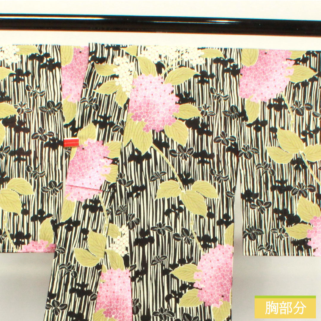 Summer kimono, polyester, small pattern, length 169.5cm, sleeve length 70cm, hydrangea, washable kimono, basting thread included, unused, silk, S rank, black, 1132001852510