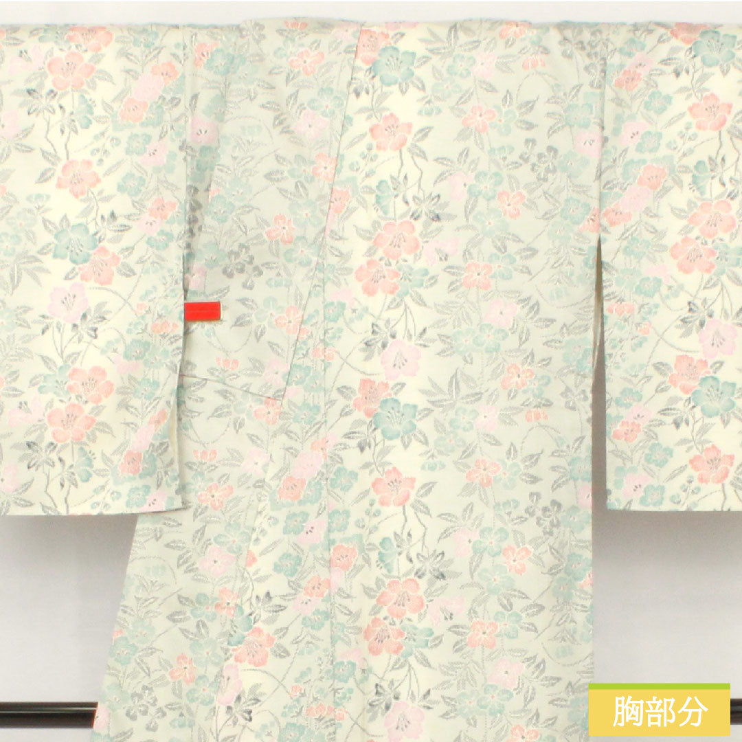 小紋 ポリエステル 身丈165cm 裄丈66cm 袷 胡粉色（ごふんいろ） 洗える着物 草花模様 Aランク グレー系 1115004513522