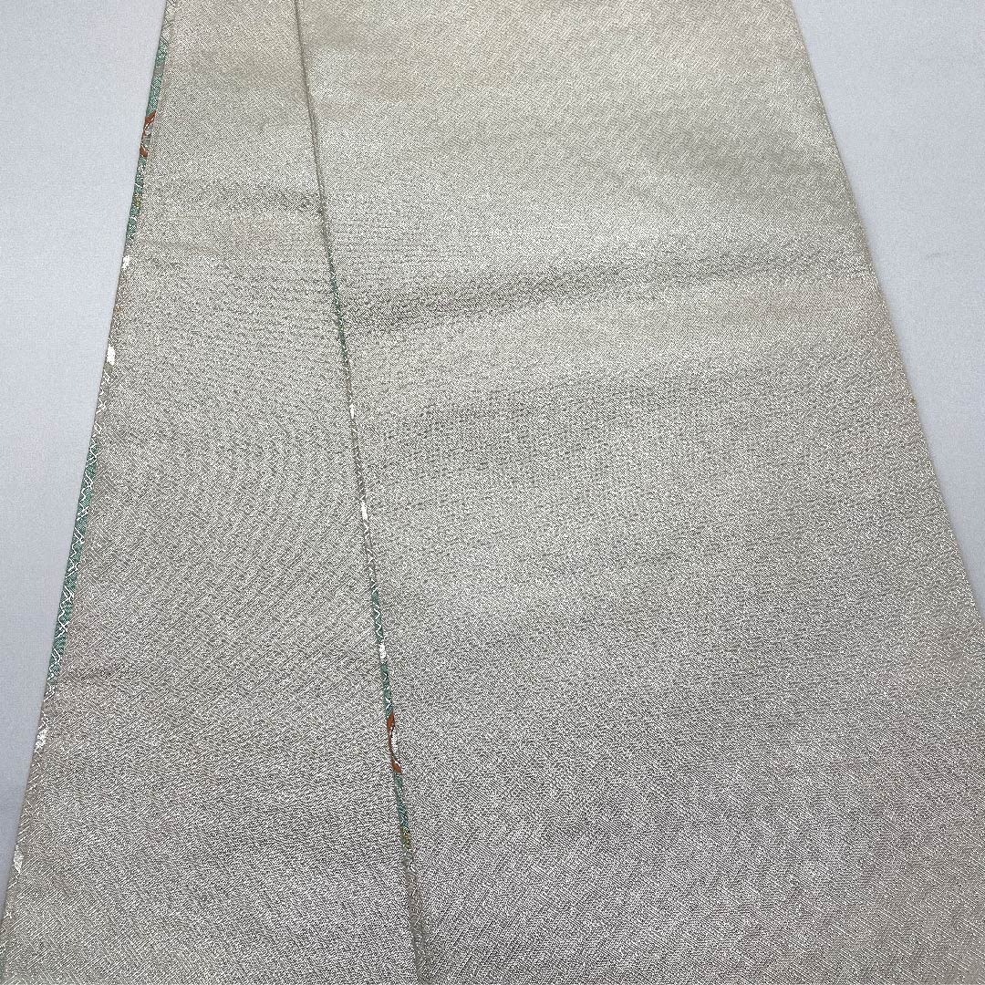 （未仕立）袋帯 銀色 扇面 青海波 花模様 帯丈439cm 正絹 Sランク 六通 フォーマル 銀系 1123005952322