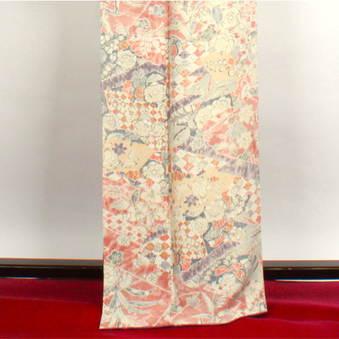 小紋 身丈164cm 裄丈64cm 袷  宍色 辻ヶ花  正絹 Sランク ピンク系 1115002272413