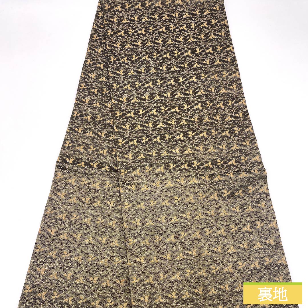 袋帯 正絹 媚茶色（こびちゃいろ） 丸帯 花唐草 帯丈404cm Sランク 全通 カジュアル 緑系 1123012442319