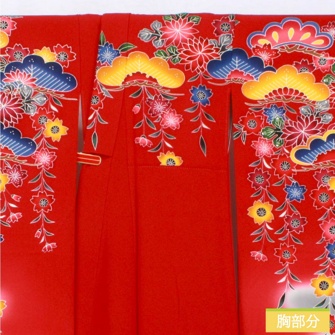 振袖 正絹 Sランク 身丈157.5cm 裄丈65.5cm 袷 紅赤色（べにあかいろ） 京紅型 吉祥文様 松 桜 赤系 1113002312312