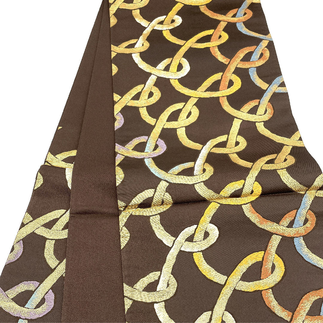 袋帯 輪繋ぎ 帯丈434cm 正絹 Bランク 六通 カジュアル 茶系 1123003884314