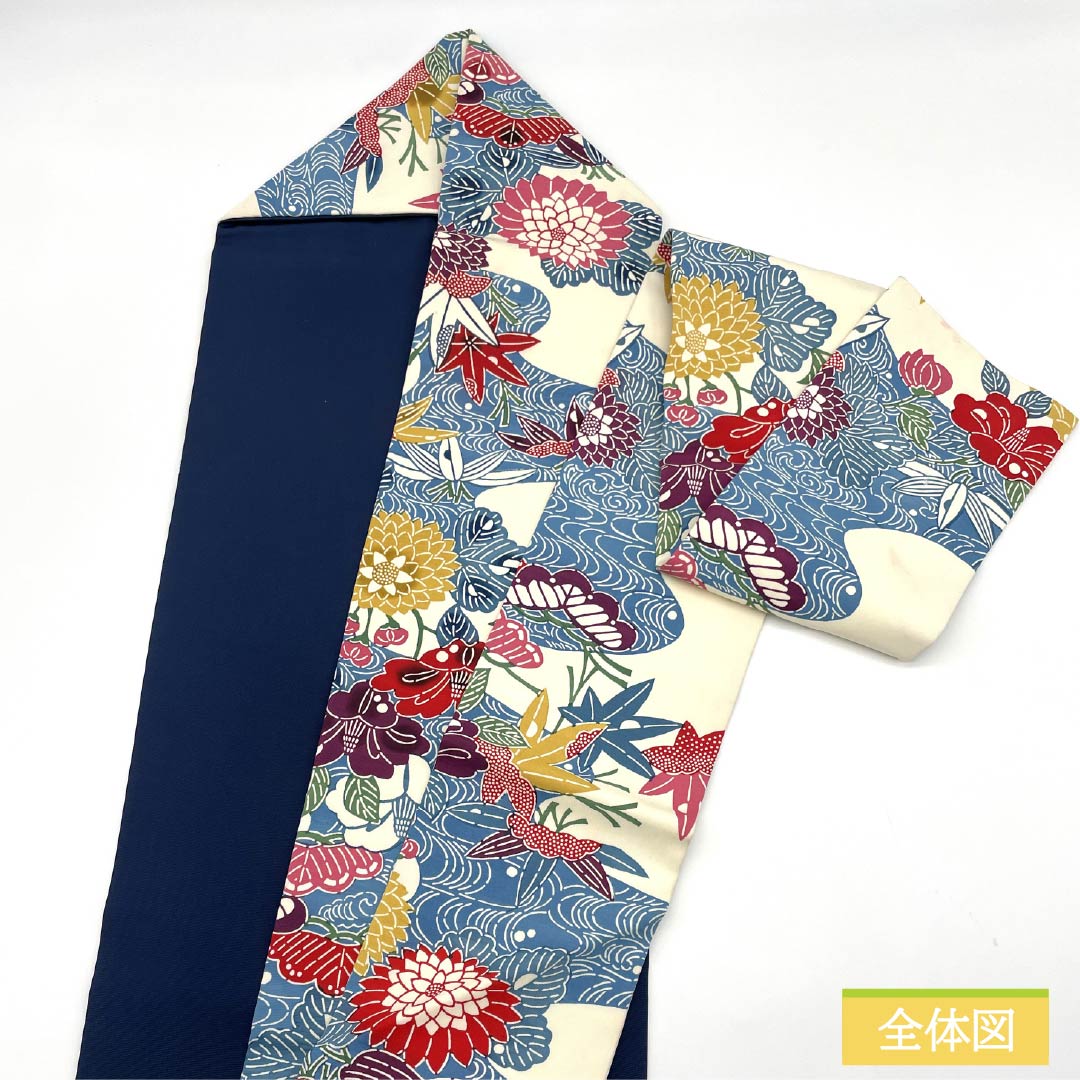 Nagoya obi, Kyoto Bingata, flowing water, camellia, autumn leaves, obi length 336cm, pure silk, B rank, full length, casual, white, 1124007344311, Nagoya style
