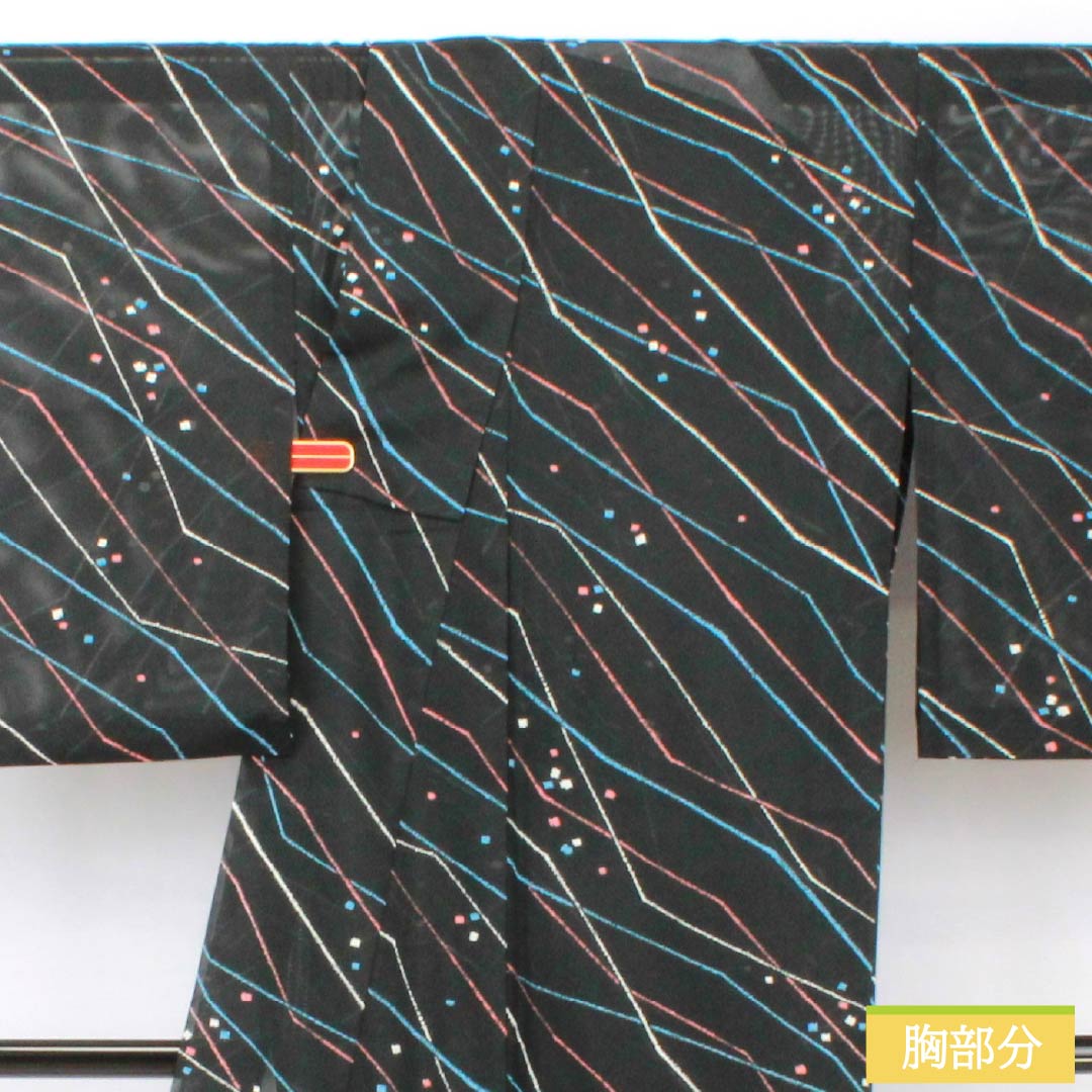 夏物 ポリエステル 小紋 身丈164.5cm 裄丈68cm 幾何学模様 洗える着物 絽 Sランク 黒系 1132002242410