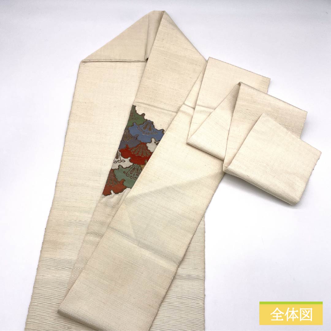 名古屋帯 生成り色（きなりいろ） 紬地 雪輪青海波 帯丈351cm 正絹 Sランク ポイント柄 カジュアル クリーム系 1124008212315 名古屋仕立て