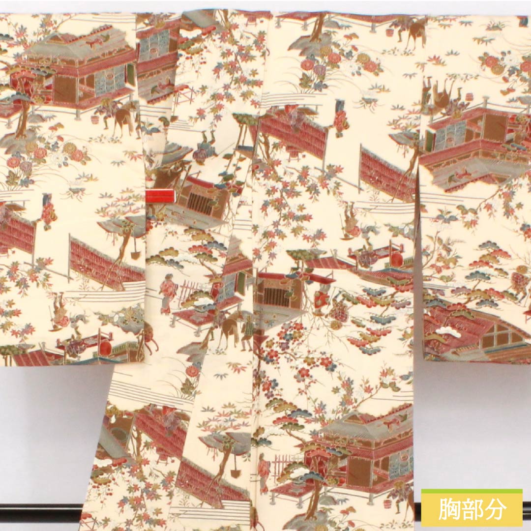 小紋 正絹 身丈156.5cm 裄丈62cm 袷 砥粉色（とのこいろ） 型染 時代絵巻 Bランク クリーム系 1115005054315