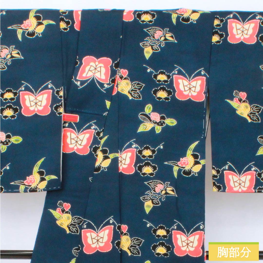 小紋 正絹 Sランク 身丈164cm 裄丈68cm 袷 濃紺色（のうこんいろ） 京紅型 一方付け 蝶 花 紺系 1115007712418