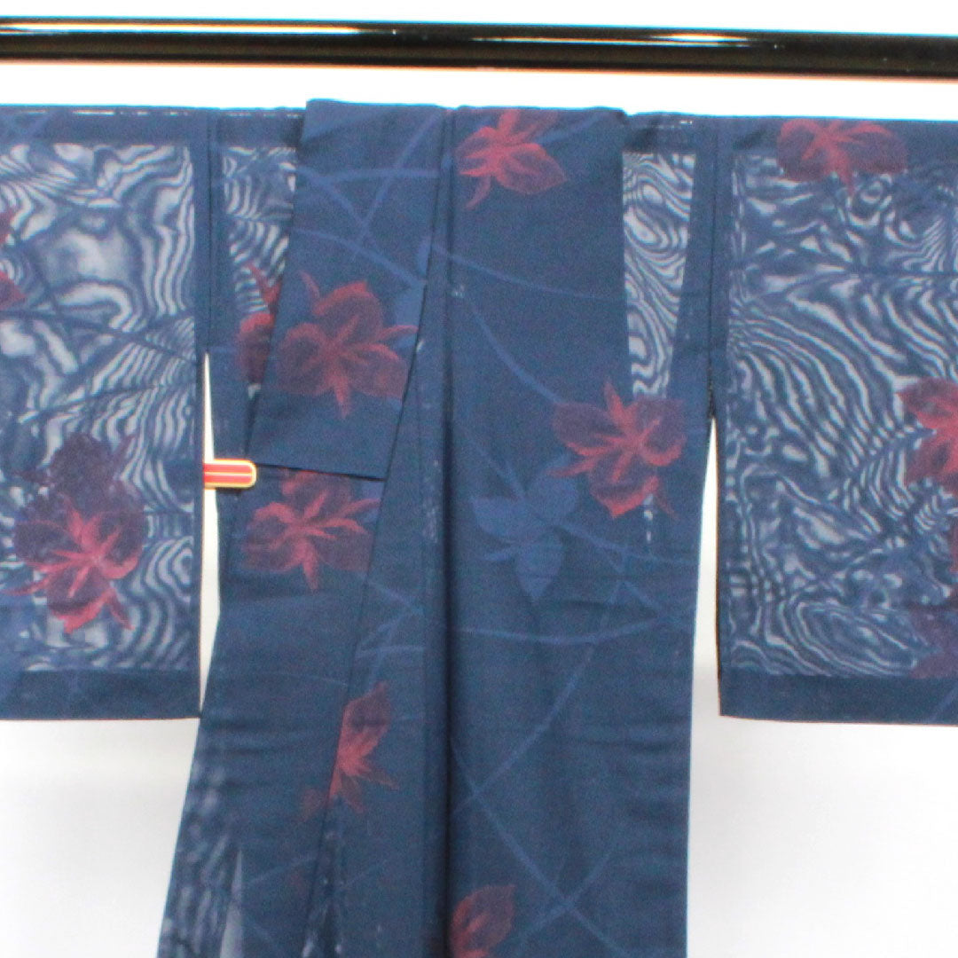 Summer pure silk komon length 164.5cm sleeve length 65cm dark navy abstract flower gauze rank S navy 1132001112418