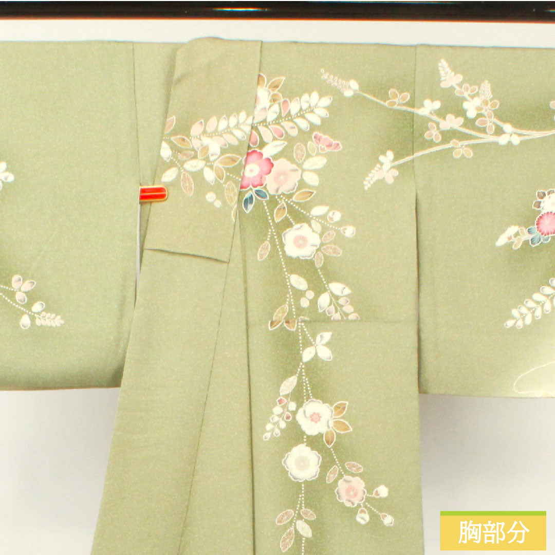 Homongi, pure silk, lined, length 163cm, sleeve length 65cm, willow-colored lining, Kyo-Yuzen, Tsujigahana, S rank, green, 1112003992419