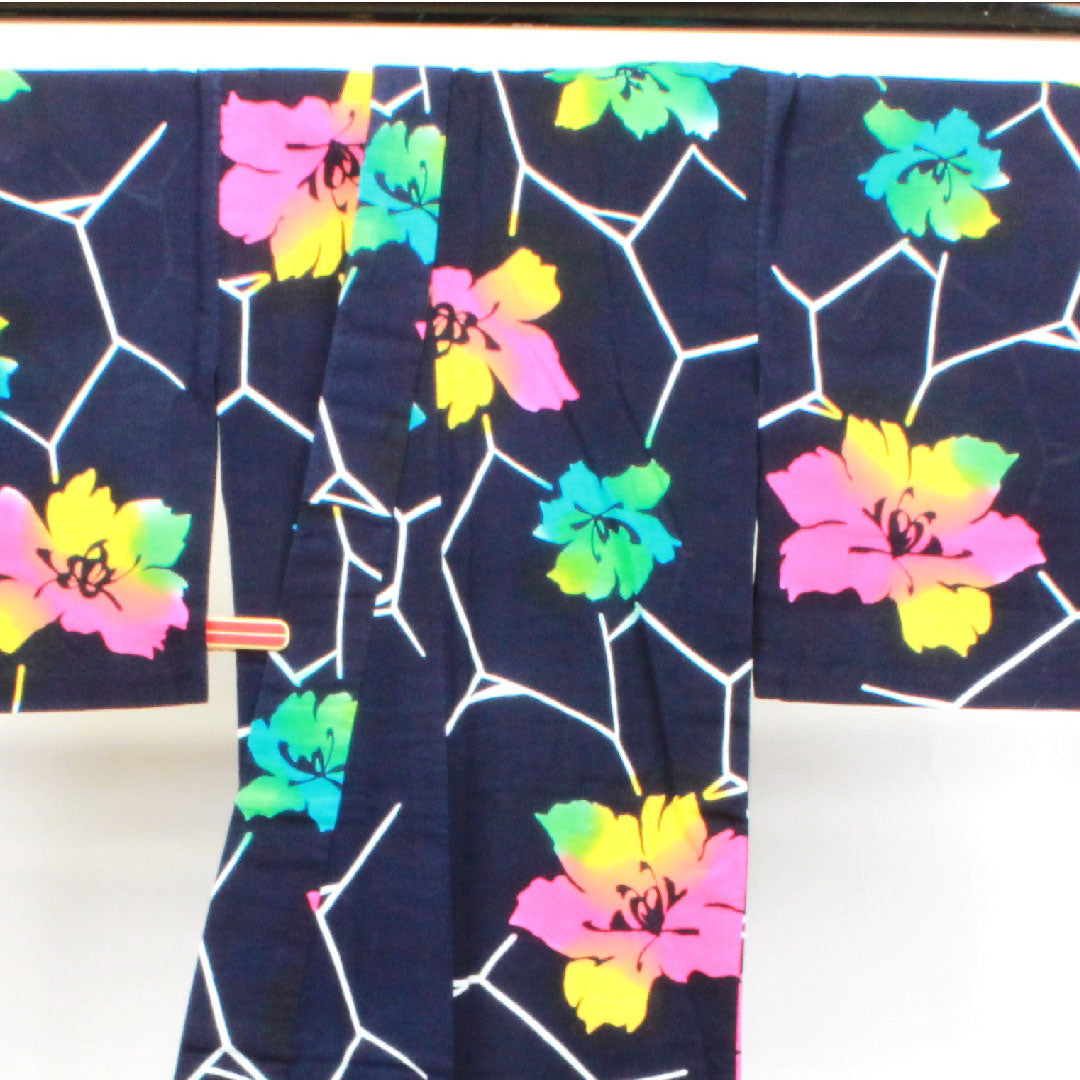 浴衣 濃紺色 抽象花 木綿 Sランク 単衣 身丈152cm 裄丈63.5cm 紺系 1118003392218