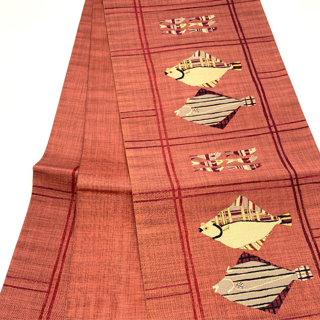 袋帯 魚柄 抽象模様 帯丈436cm 正絹 Sランク 六通 カジュアル 赤系 1123004132312