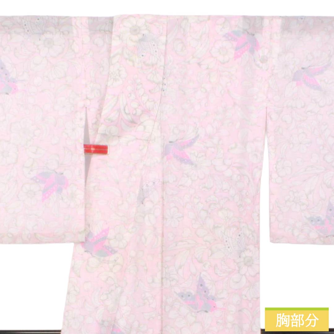 夏物 ポリエステル 小紋 Aランク 身丈160.5cm 裄丈63.5cm 桜色（さくらいろ） 洗える着物 辻ヶ花 蝶 絽 ピンク系 1132006353413