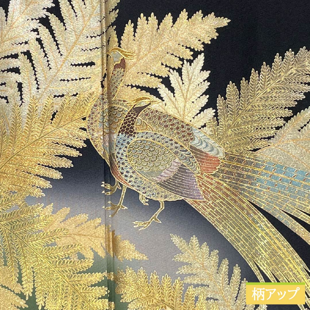 黒留袖 正絹 Sランク 身丈143.5cm 裄丈62cm 袷 金彩友禅 孔雀 シダの葉 五つ紋 丸に鶴の丸 比翼付き 五つ紋 黒系 1111002302110