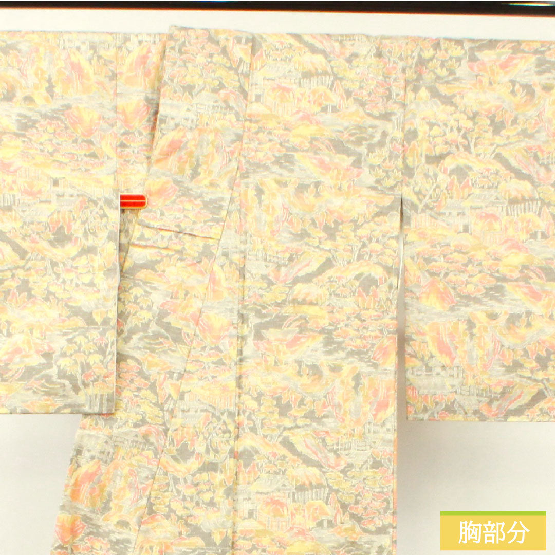 Tsumugi silk, length 150.5cm, sleeve length 62cm, silk grey, landscape pattern, basting thread included, unused, S rank, lined, grey, 1116003402122