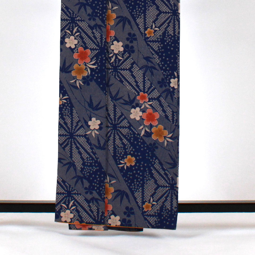 Small pattern, Length 163cm, Sleeve length 64cm, Awase, Cherry blossoms, Bamboo, Washable kimono, Polyester, S rank, Navy, 1115000782318