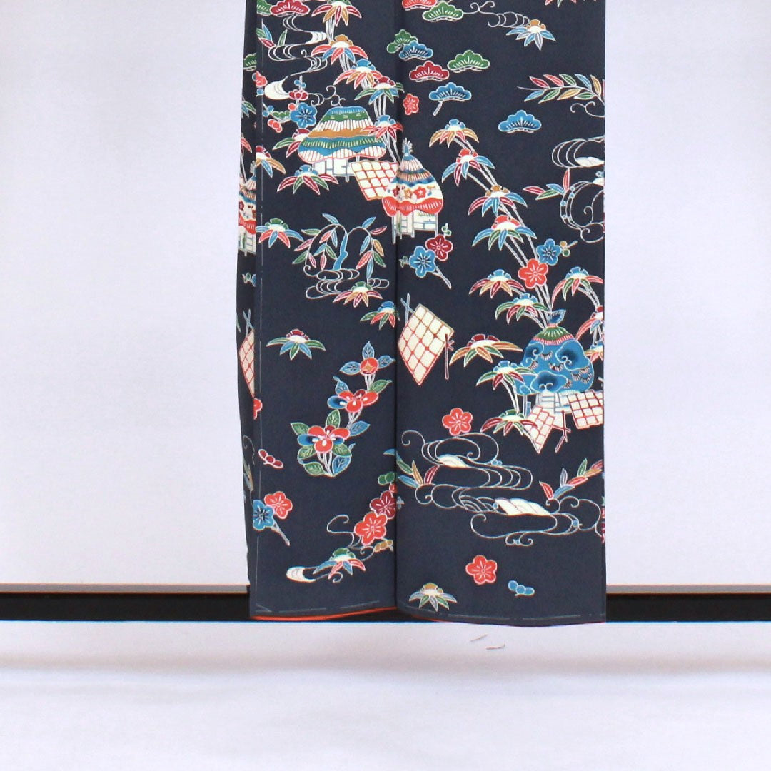 訪問着 袷 身丈157cm 裄丈64cm 型染 正絹 Sランク 紺系 1112000602318