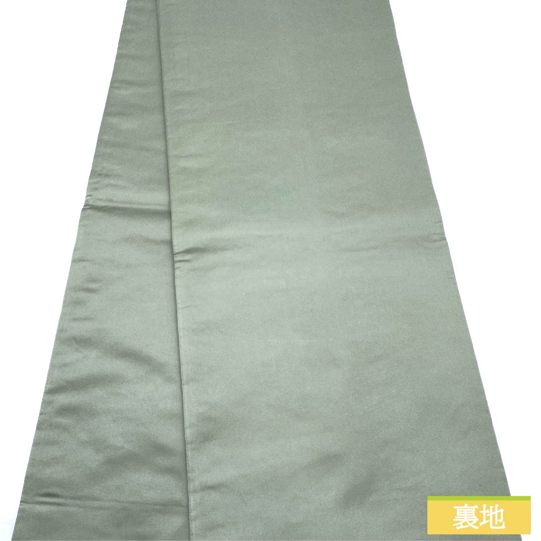 袋帯 正絹 岩井茶色（いわいちゃいろ） 加納幸 幾何学模様 イチョウの葉 木の葉 帯丈440cm Sランク 六通 セミフォーマル 緑系 1123011352319