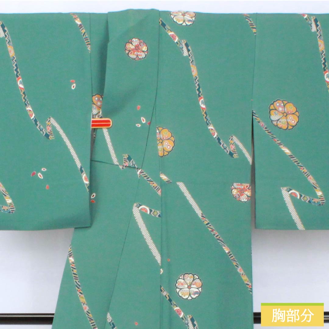 小紋 正絹 身丈152.5cm 裄丈64.5cm 袷 山藍摺色（やまあいずりいろ） 型染 熨斗 花柄 スコッチガード Bランク 緑系 1115005484219