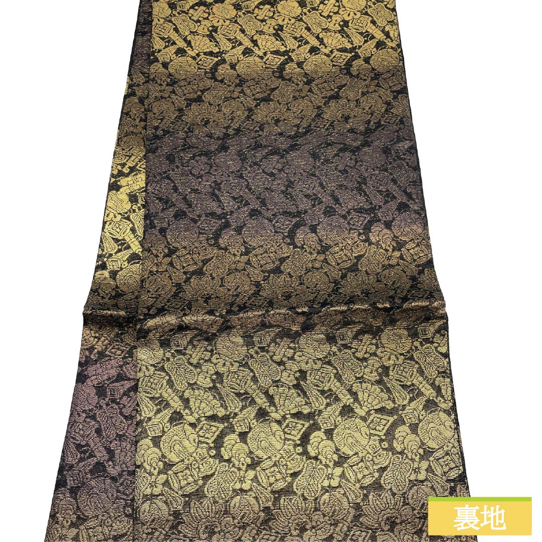 袋帯 正絹 リバーシブル 葡萄唐草文 宝尽くし文 帯丈462cm Sランク 全通 セミフォーマル 黒系 1123014742410