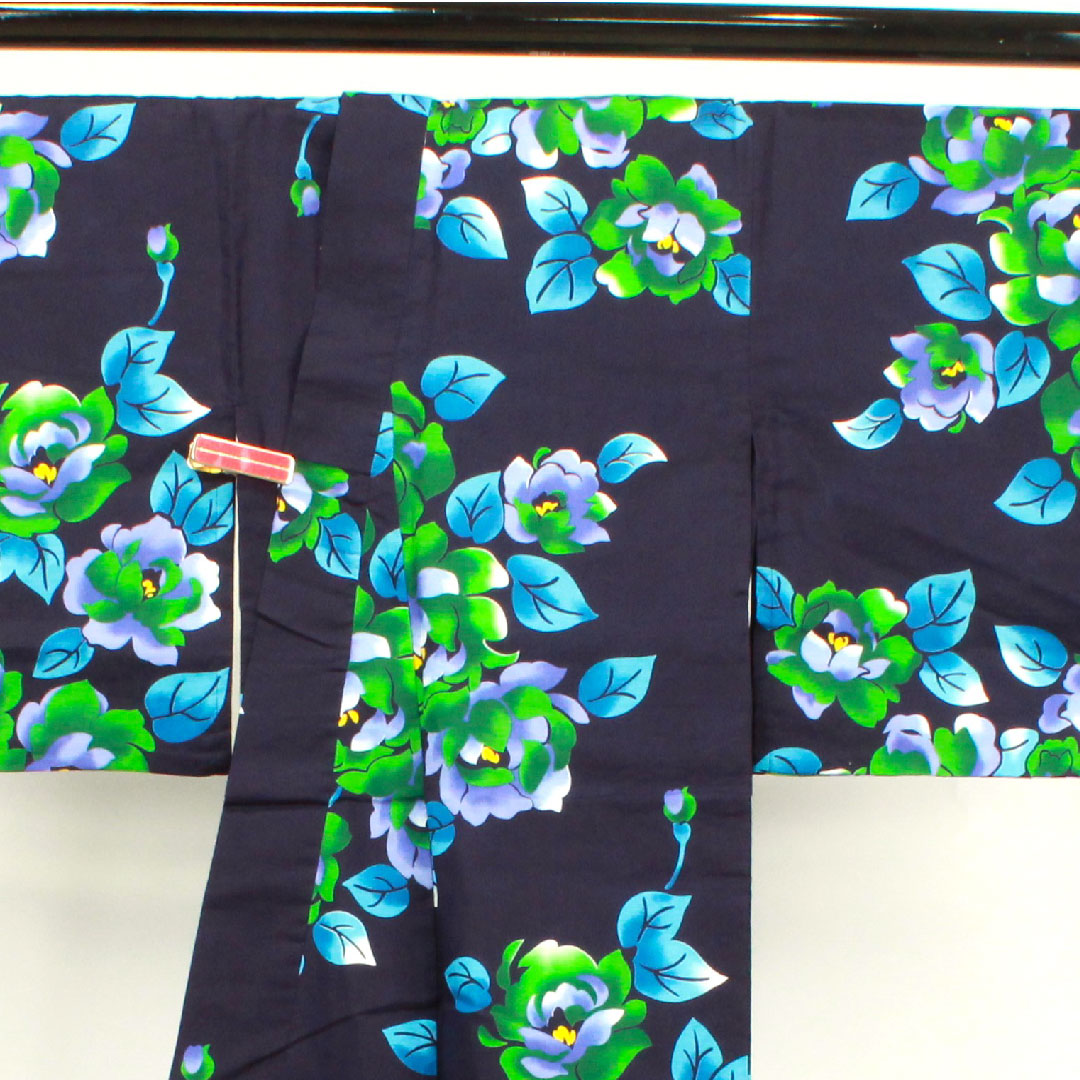 浴衣 濃紺色 山茶花 木綿 Sランク 単衣 身丈162cm 裄丈65.5cm 紺系 1118002582418