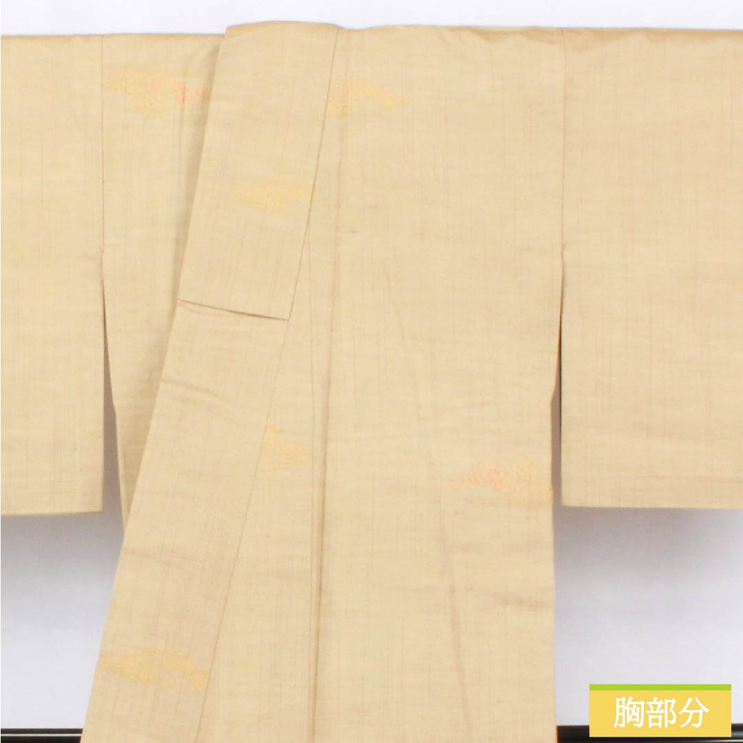 紬 正絹 Aランク 身丈158cm 裄丈63cm 枯野色（かれのいろ） 縞 雲取り 古典柄 単衣 ベージュ系 1116004273325