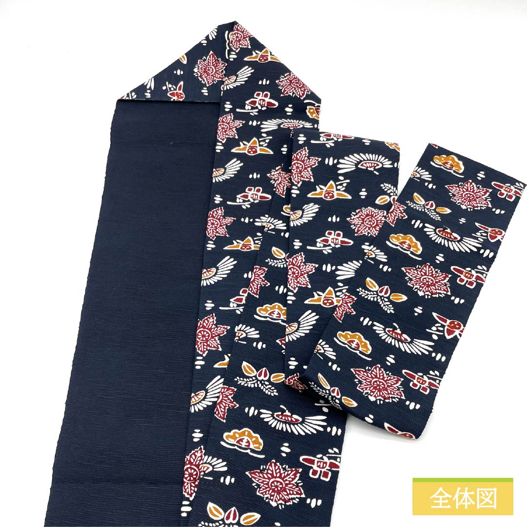 Nagoya obi, smoked color (fusubeiro), stencil-dyed, tsumugi fabric, folk art style, obi length 350cm, pure silk, S rank, full length, casual, navy blue, 1124006552318, Nagoya tailoring
