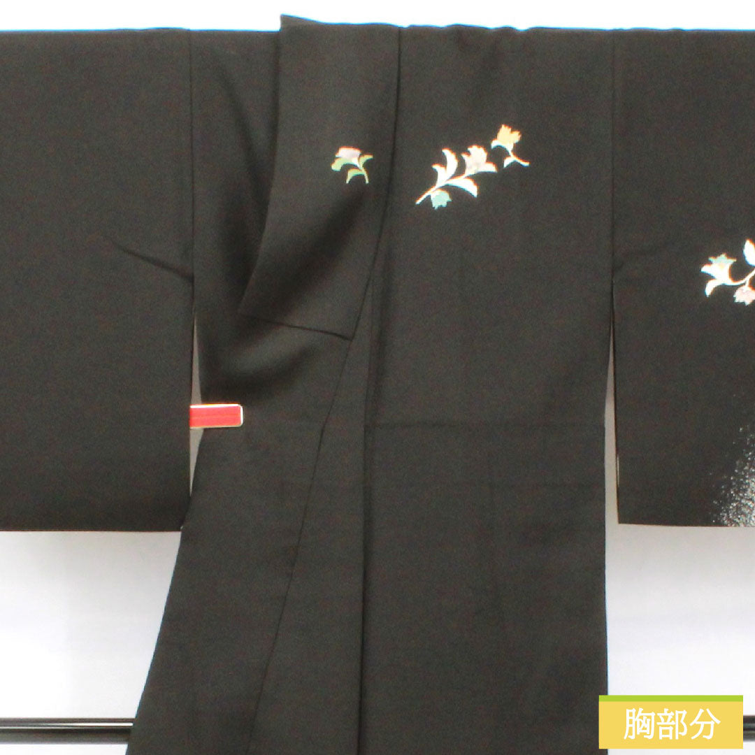 Homongi, pure silk, lined, length 158cm, sleeve length 62.5cm, Kyoto Yuzen, floral pattern, A rank, black, 1112005613310