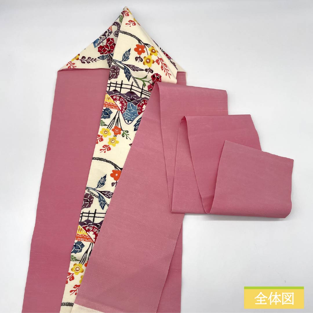 名古屋帯 中紅花色（なかのくれないいろ） 京紅型 紬地 紅型調模様 帯丈359cm 正絹 Aランク 六通 カジュアル クリーム系 1124007333315 名古屋仕立て