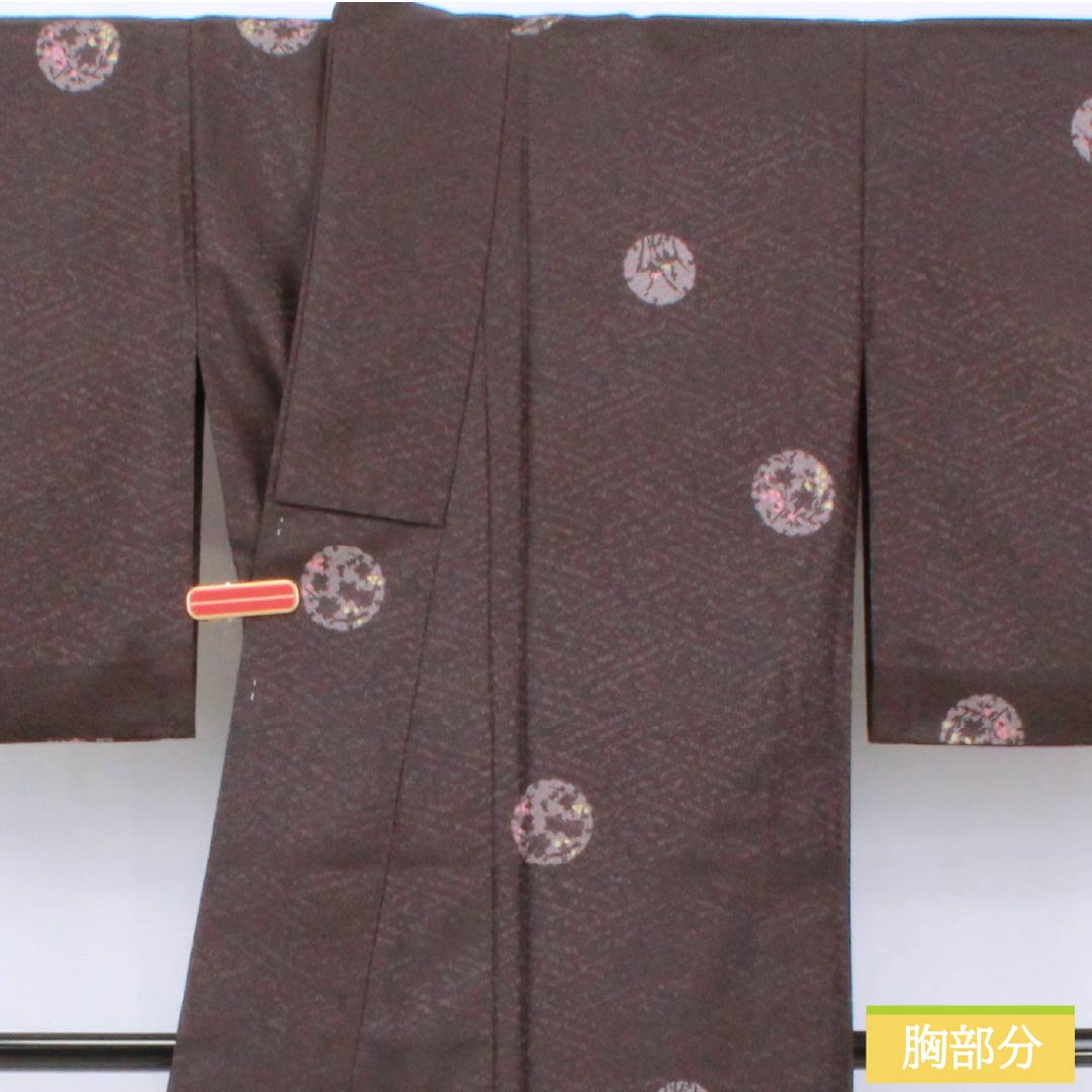 小紋 ポリエステル 身丈164.5cm 裄丈65.5cm 単衣 紫烏色（しうしょく） 雪輪 花びら 洗える着物 Sランク 紫系 1115006062420