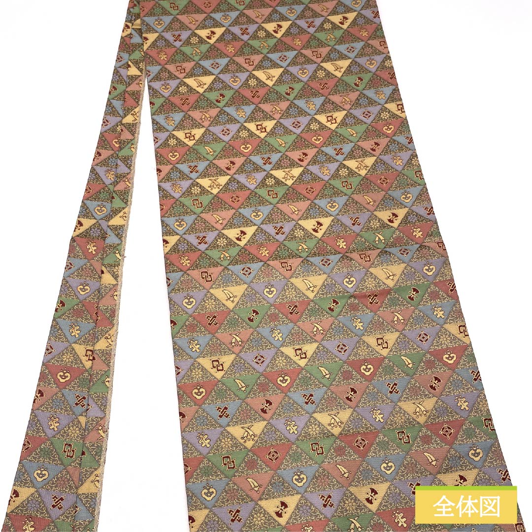 リサイクル着物】名古屋帯 宝尽くし 鱗 唐花 帯丈366cm 正絹 S