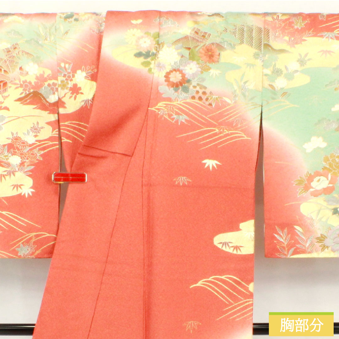 訪問着 正絹 袷 身丈160cm 裄丈63cm 珊瑚色（さんごいろ） 京友禅 刺繡 吉祥文様 Aランク ピンク系 1112005423413