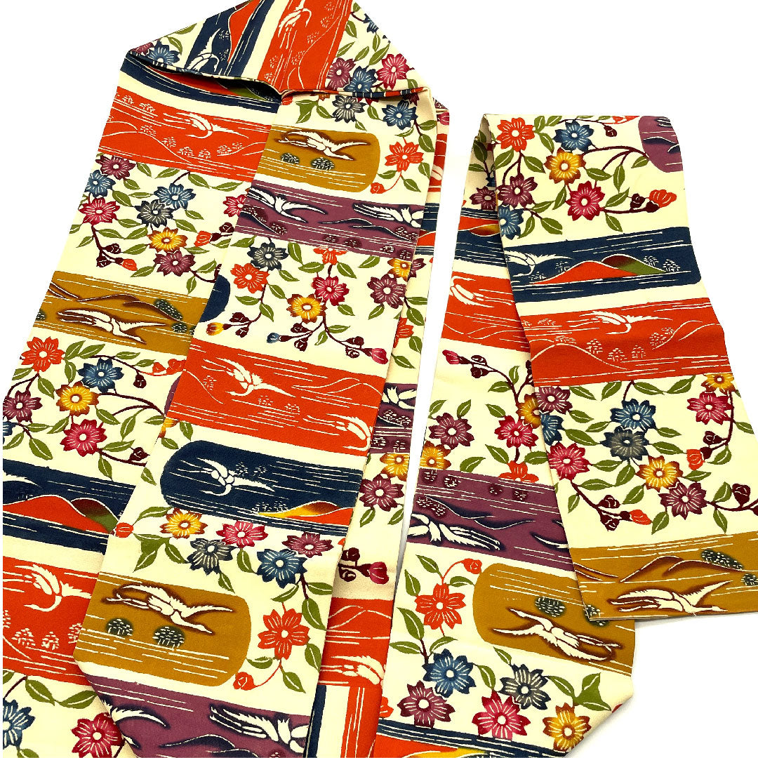 名古屋帯 型染 群鶴に枝花模様 単衣 帯丈311cm 正絹 Bランク 全通 カジュアル クリーム系 1124001404315  名古屋仕立て