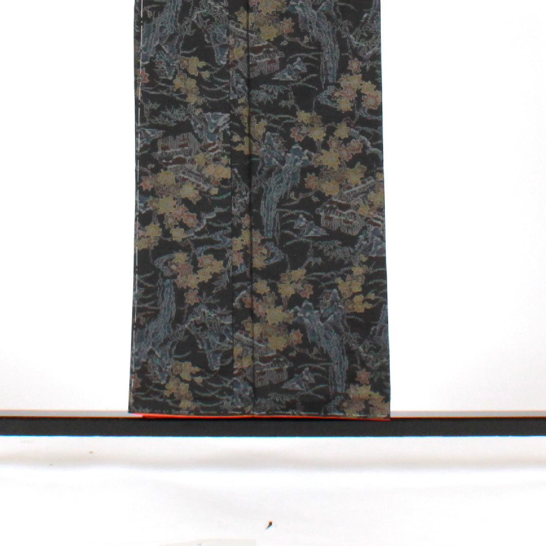 Oshima Tsumugi, Length 156cm, Sleeve length 64cm, Weft Kasuri, Landscape pattern, Pure silk, A rank, Lined, Black, 1116001573310