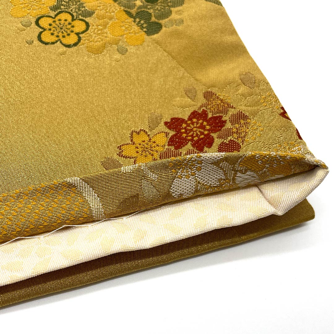 名古屋帯 京袋帯 梅谷渋色 桜 梅 変わり市松 帯丈392cm ポリ Aランク 全通 セミフォーマル 黄系 1124003353323  開き仕立て