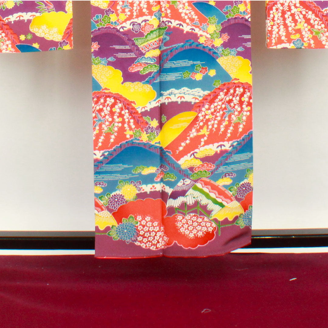 振袖 身丈155cm 裄丈63cm 袷  織葡萄色 型染 遠山 草花模様  正絹 Aランク 紫系 1113000923320