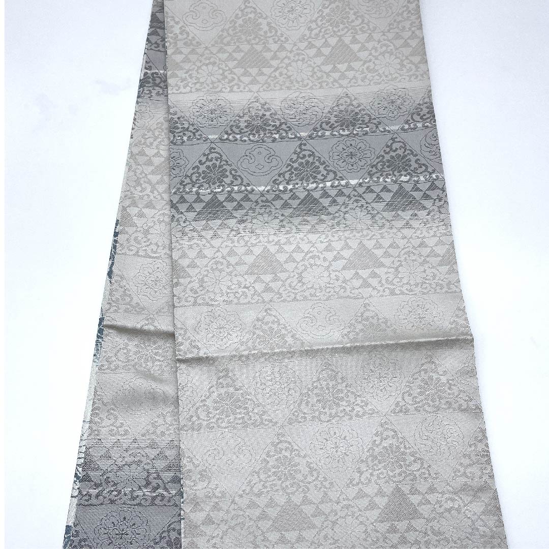 Fukuro Obi (Indigo Blue) with Asanoha and Grape Arabesque Patterns, Length 445cm, Pure Silk, Rank S, Pointed Pattern, Semi-Formal, Light Blue, 1123007852324