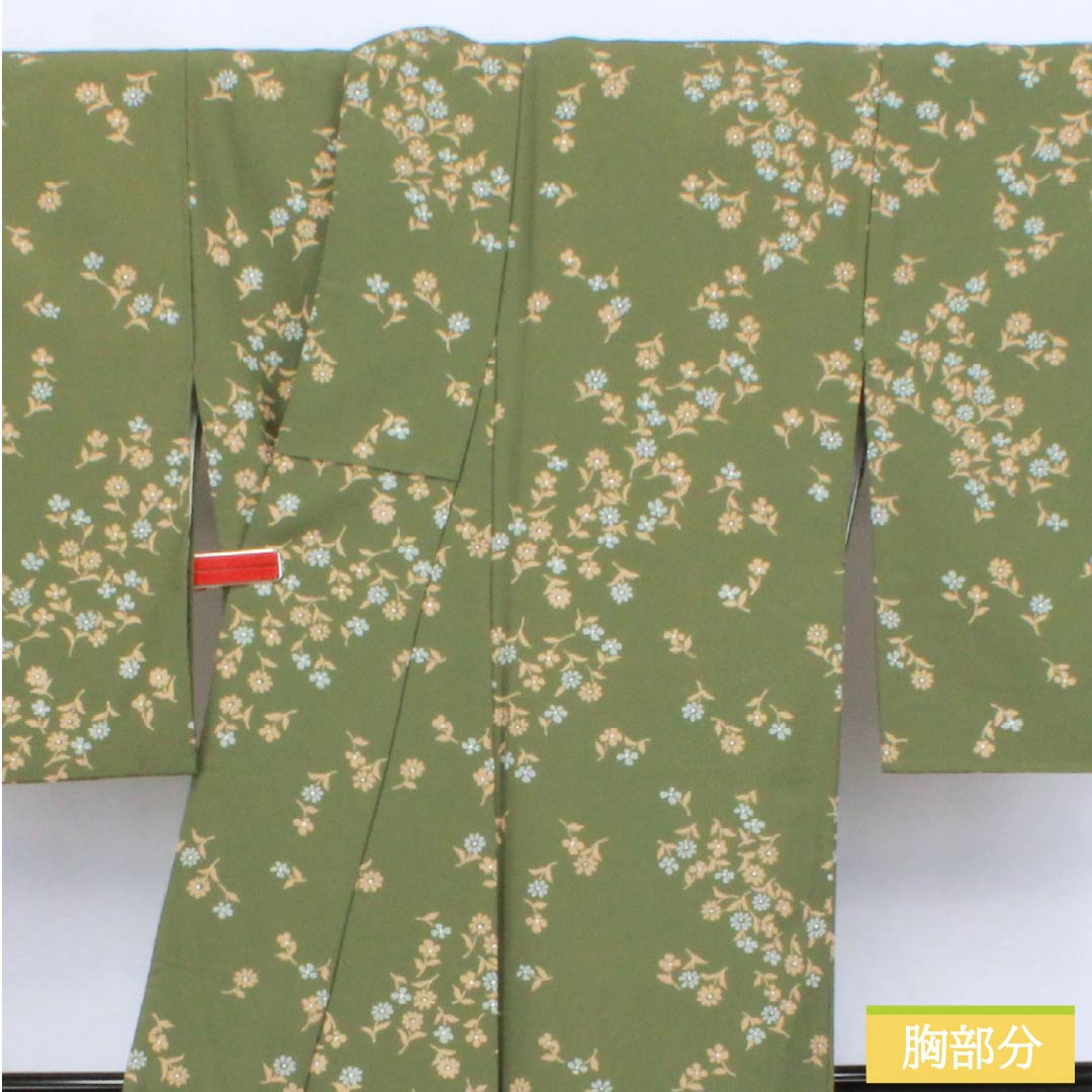 小紋 ポリエステル 身丈157cm 裄丈64cm 袷 柳煤竹色（やなぎすすたけいろ） 小花 洗える着物 Sランク 緑系 1115006242319