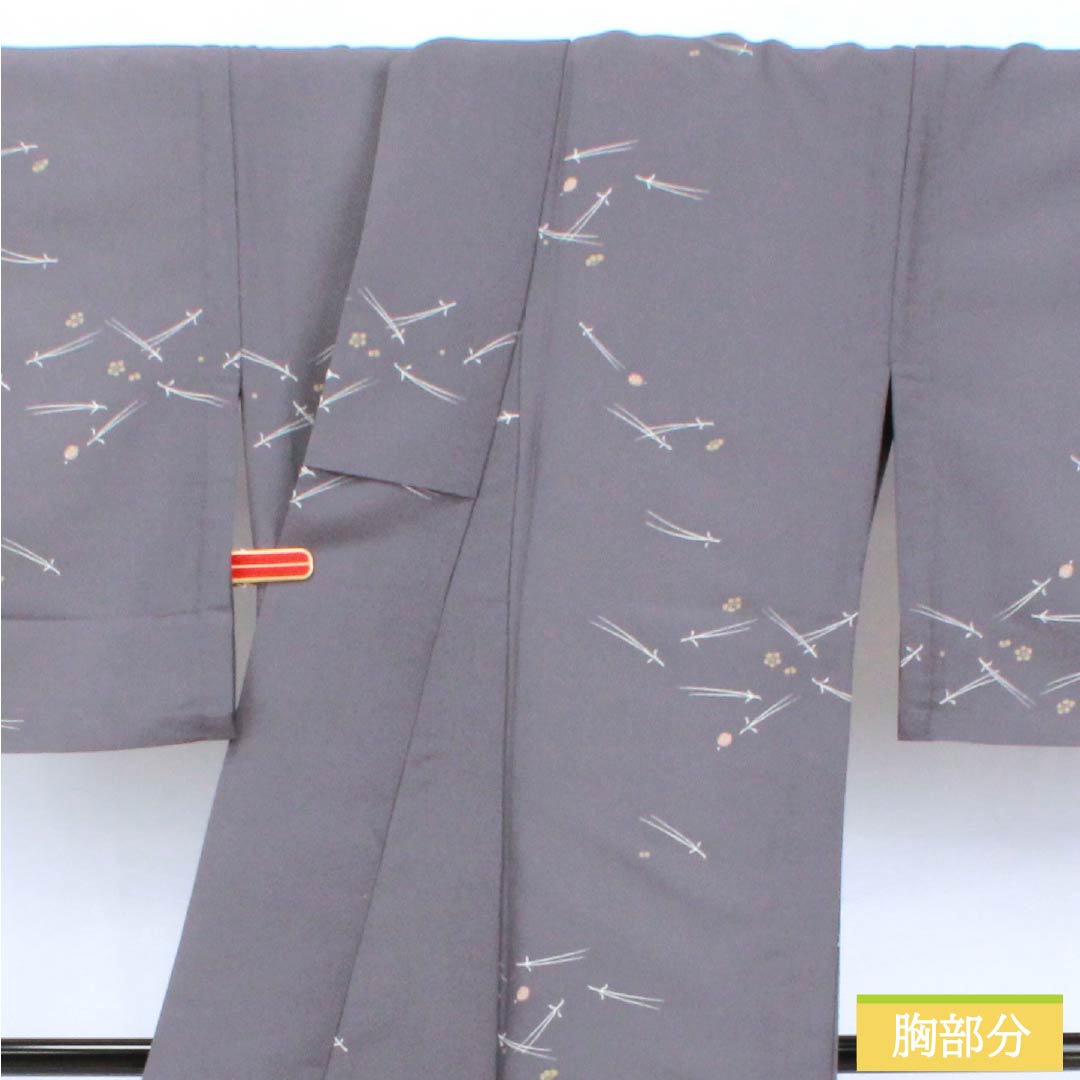 Polyester Komon, S-rank, Length 163cm, Sleeve-to-sleeve 65.5cm, Unlined, Nezumi-shino color (grayish brown), Katazome Pine, Bamboo and Plum, Washable Kimono, Gray tones, 1115007942422