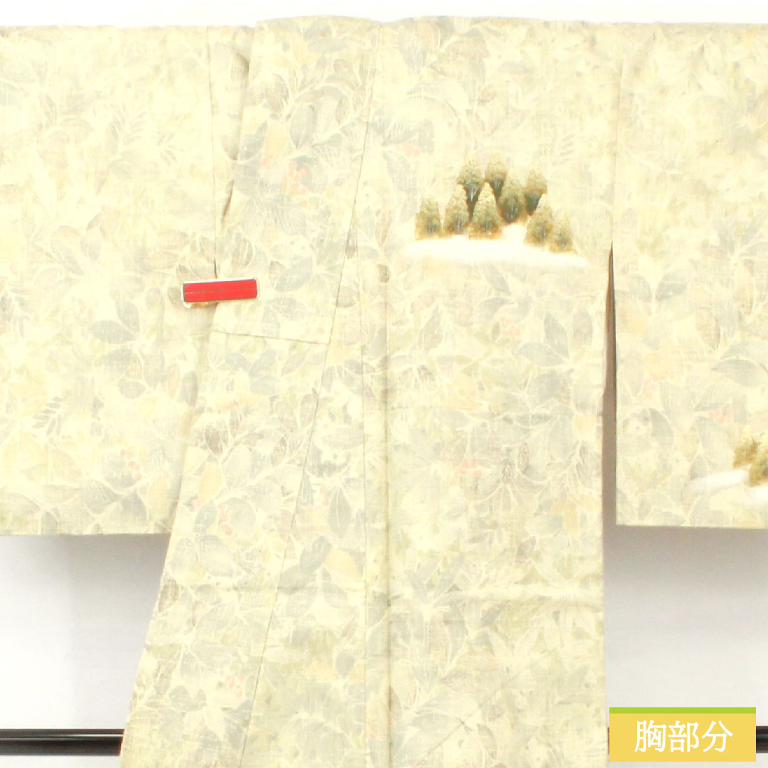 Homongi (formal kimono) made of pure silk, lined, length 163cm, sleeve length 65cm, steamed chestnut color, pongee fabric, landscape pattern, floral pattern, S rank, green, 1112005042419