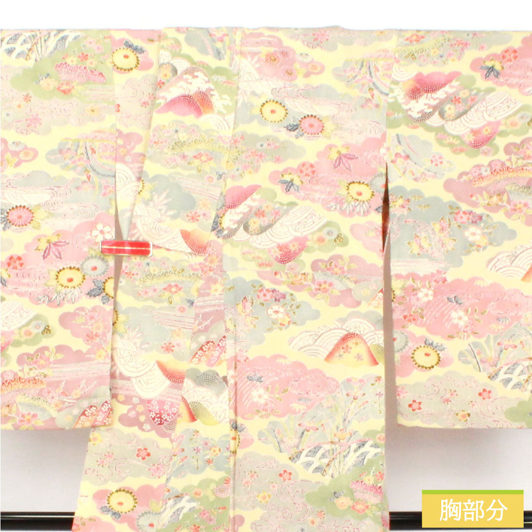 Komon silk, A-rank, length 156cm, sleeve length 58cm, single layer, pale yellow (usukihadairo), Kyoto Bingata, Chaya-Tsuji, cloud pattern, auspicious motif, cream-colored, product number 1115007593315