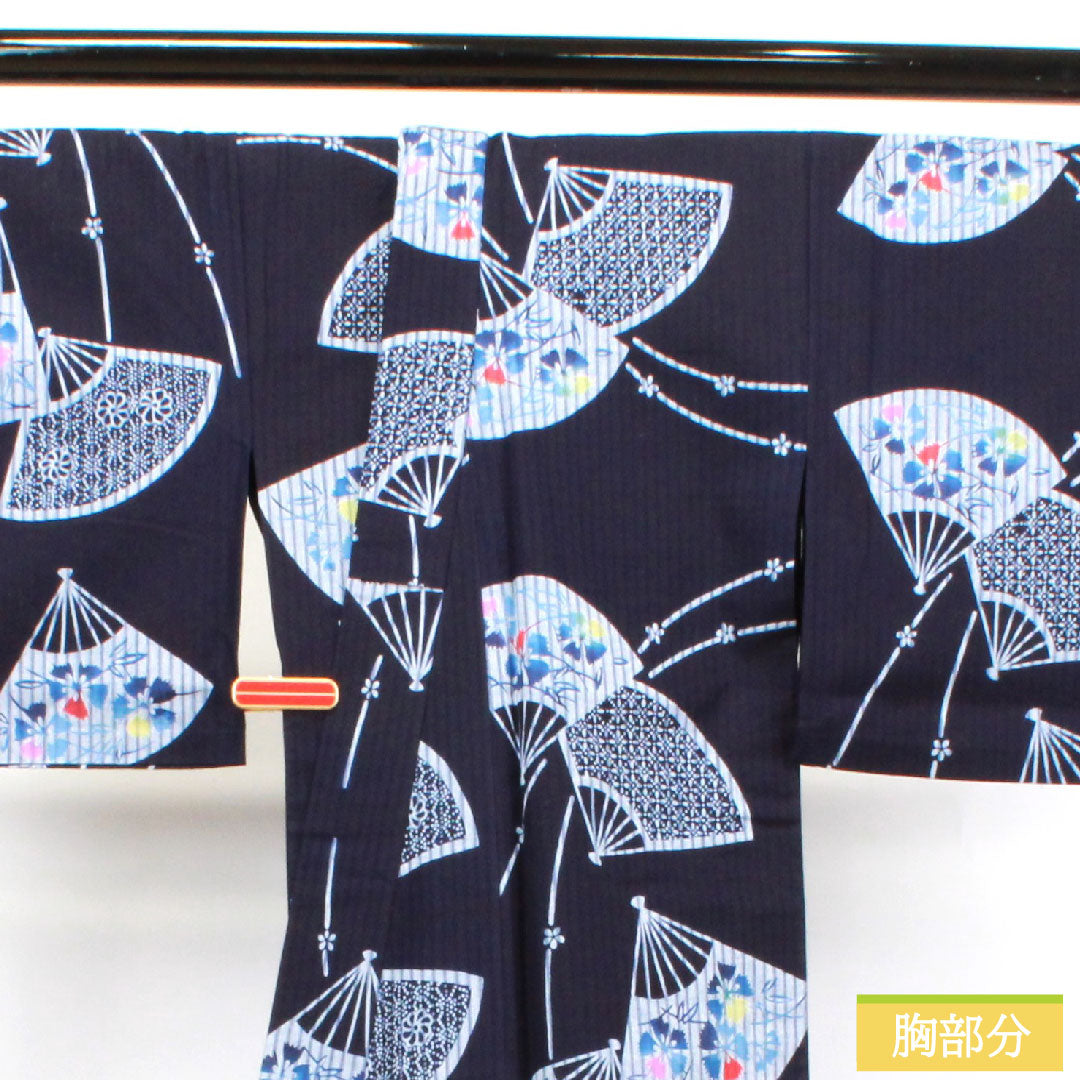 浴衣 木綿 身丈160cm 裄丈65.5cm Sランク 単衣 紺系 濃紺色（のうこんいろ） 扇子 草花模様  1118004522418
