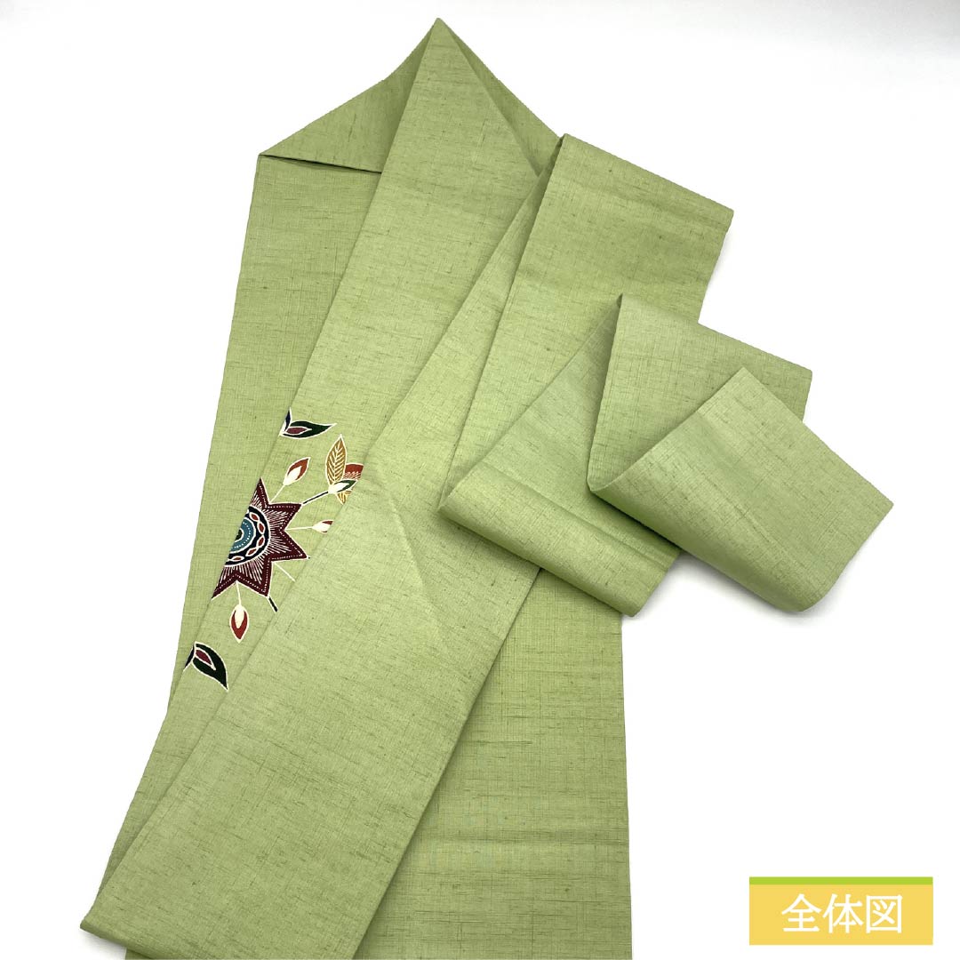 名古屋帯 正絹 Sランク 浅藍色（あさきあいいろ） 型染 抽象花 唐草 帯丈364cm ポイント柄 カジュアル 緑系 1124010422319 名古屋仕立て