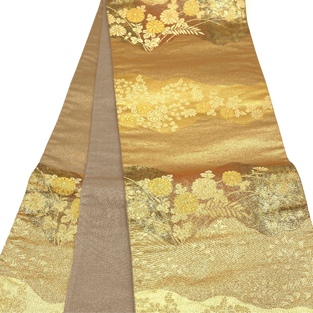 Fukuro Obi (traditional Japanese kimono sash), classic pattern, floral motif, obi length 430cm, pure silk, A rank, six-pass, formal, gold, 1123002723321
