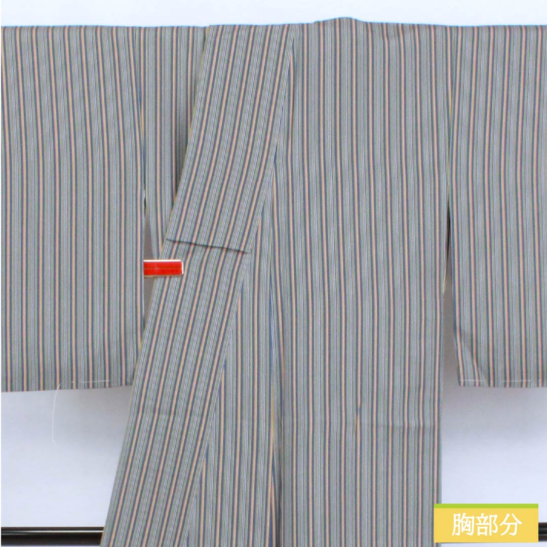 Komon silk S-rank kimono, length 156.5cm, sleeve length 63cm, lined, gosu-iro (blue-green) vertical stripes, blue-based design, product number 1115006642317